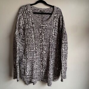 Express Womens Black White Marled Chunky Cable Knit Oversized Sweater Small